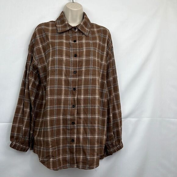 Hotouch Brown Plaid Button front flannel shirt NWT size medium - Picture 1 of 11